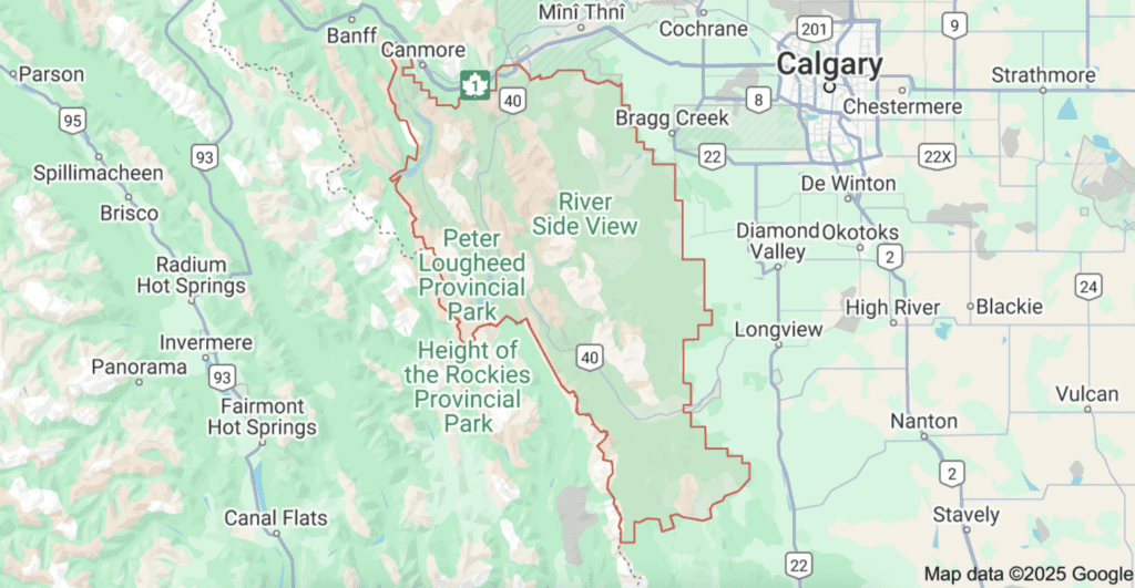 A map of Kananaskis Country, nestled between Calgary and Banff National Park in Southern Alberta